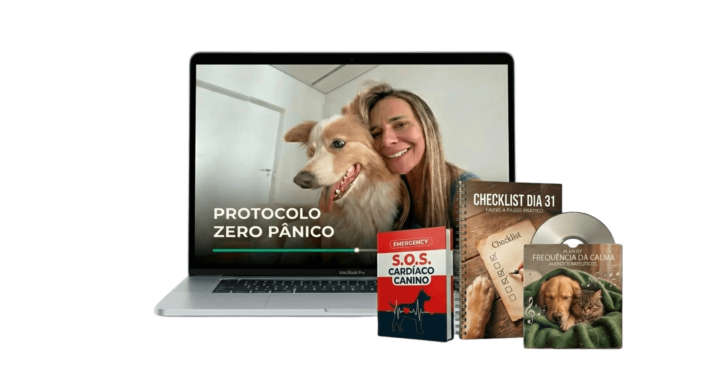 3D mockup of the complete Protocolo Zero Pânico product bundle, including the main guide, audio playlist, and emergency manual.